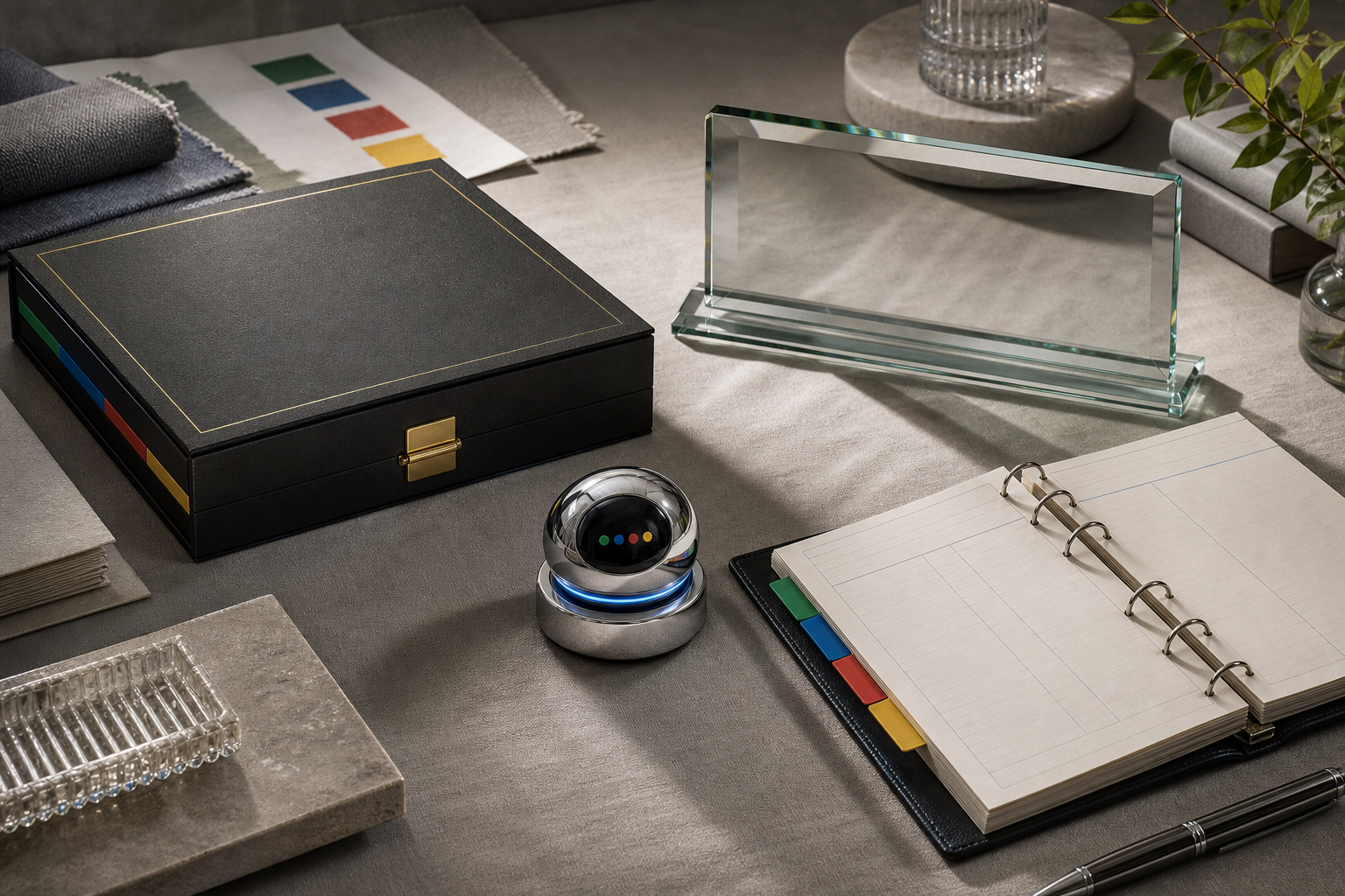 Three branded assistant models shown as distinct premium service objects on an agency workbench.