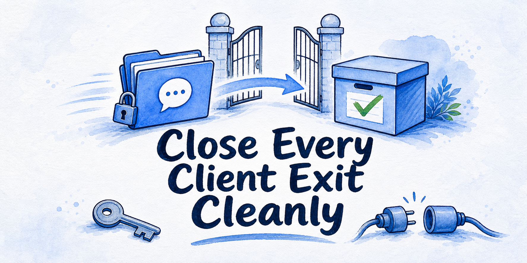 Hand-drawn editorial illustration for White Label Chatbot Client Offboarding Runbook