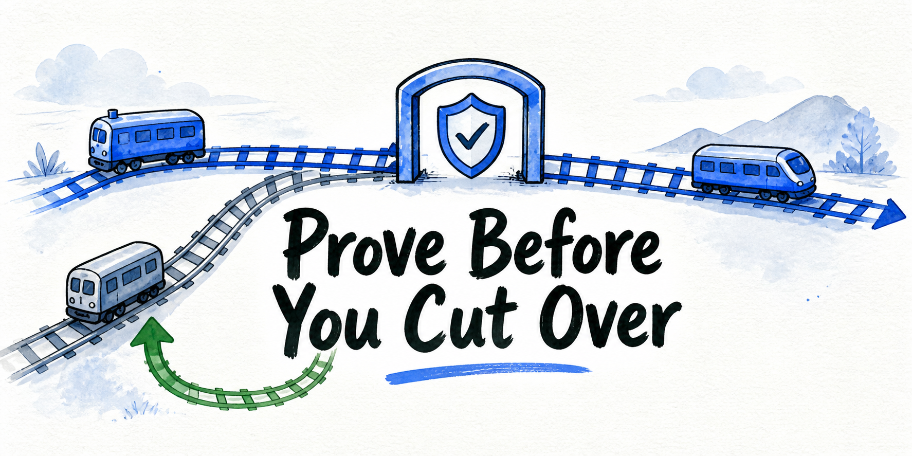Two chatbot routes cross a controlled cutover gate, with a clear rollback path returning to the preserved service.