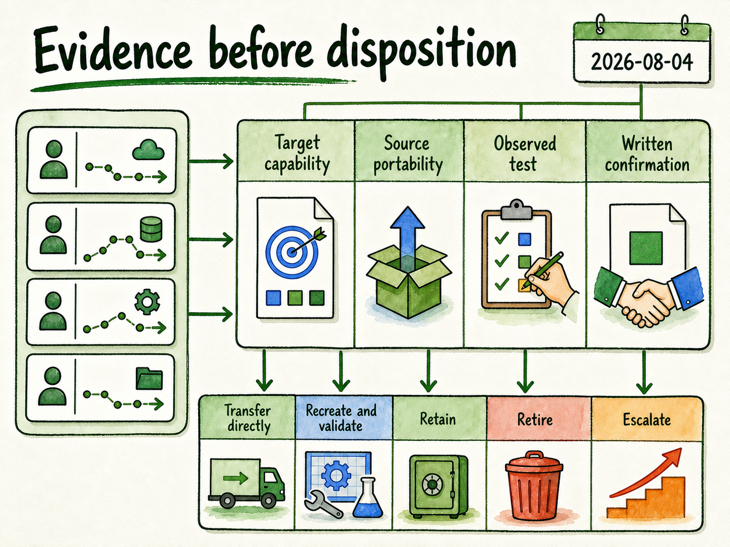 A register maps four evidence types to five possible asset dispositions and a dated review marker.