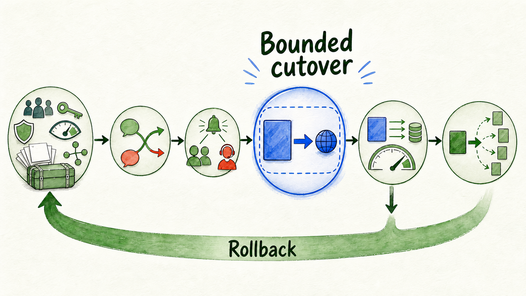 A bounded production route advances through checks while a live rollback path returns to the preserved service.