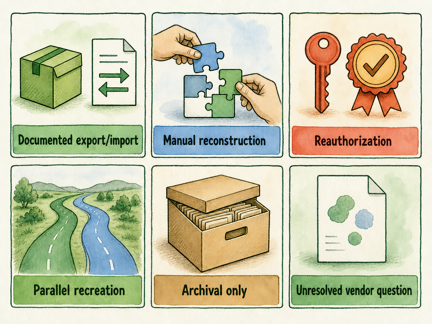 Six portability classes arranged from proven transfer paths to unresolved vendor questions.