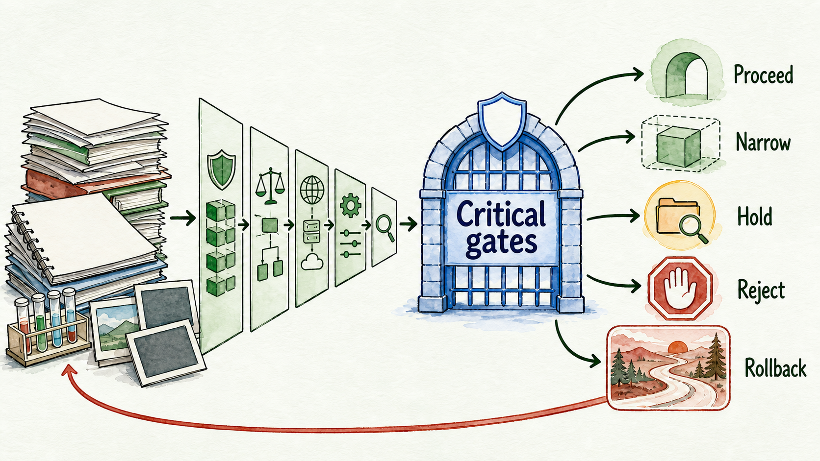 Five migration decisions branching from evidence and critical service-parity gates.