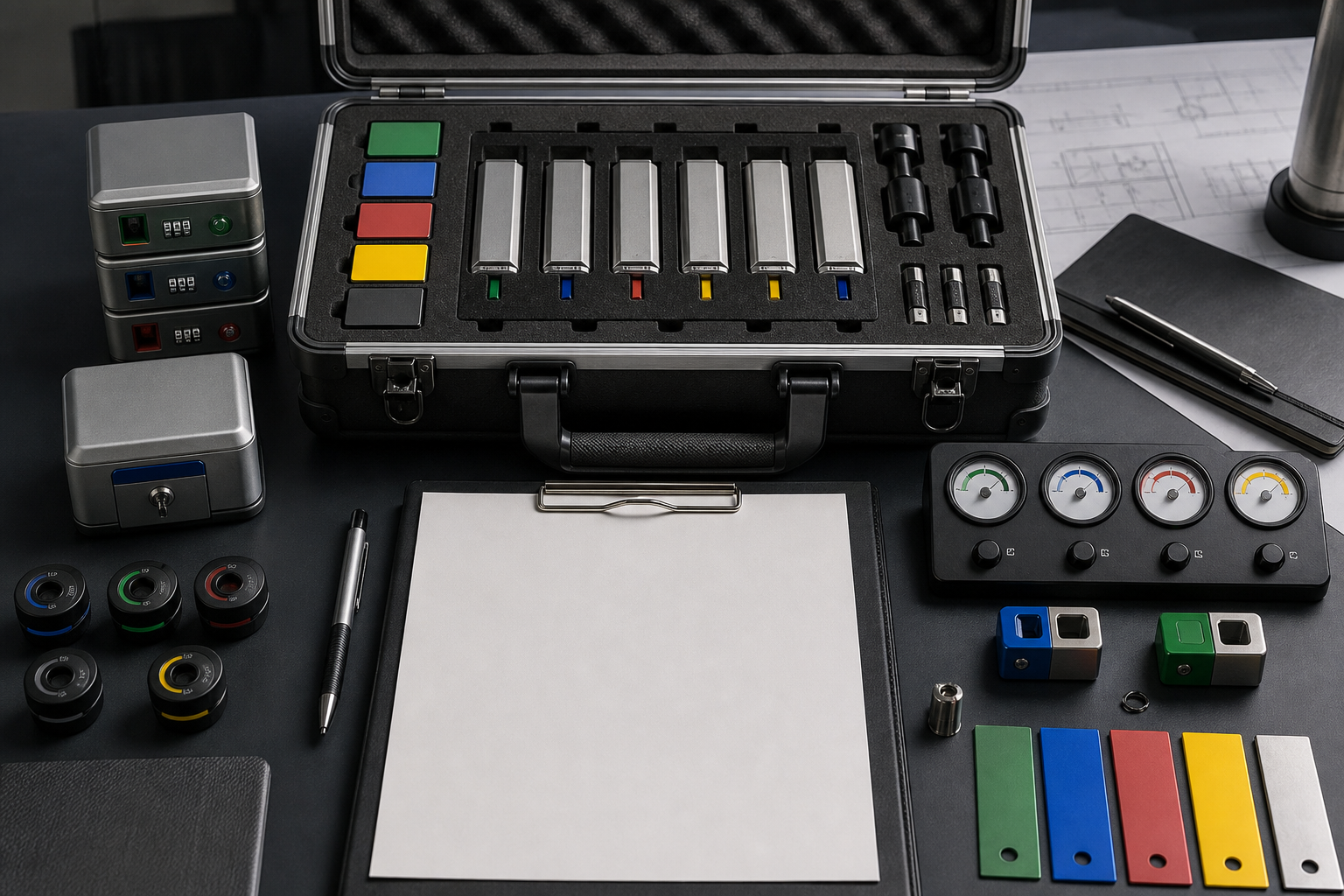 A branded assistant launch brief shown as a physical control case with approved sources, handoff routes, data locks, and review gauges arranged before activation.