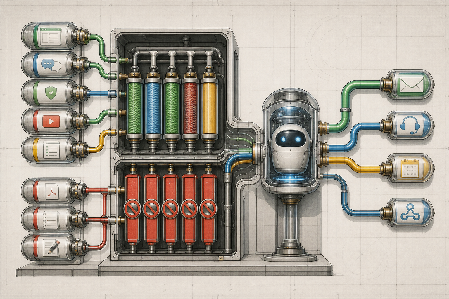 A cutaway of approved and excluded content sources flowing through filters into a small assistant capsule, with stale and internal materials blocked.