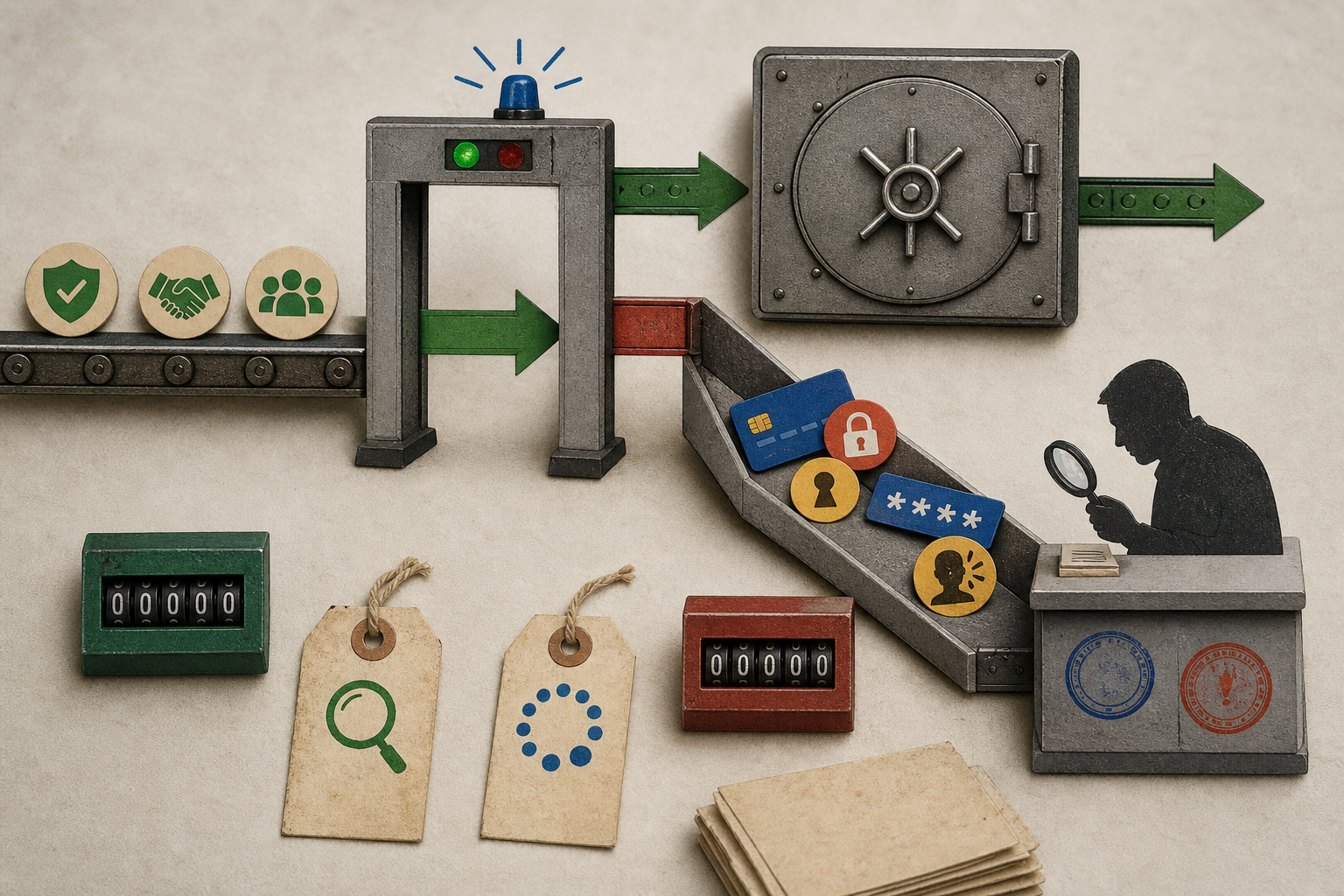 A safety poster showing allowed visitor data passing through a lock while sensitive items are diverted to a human review path.