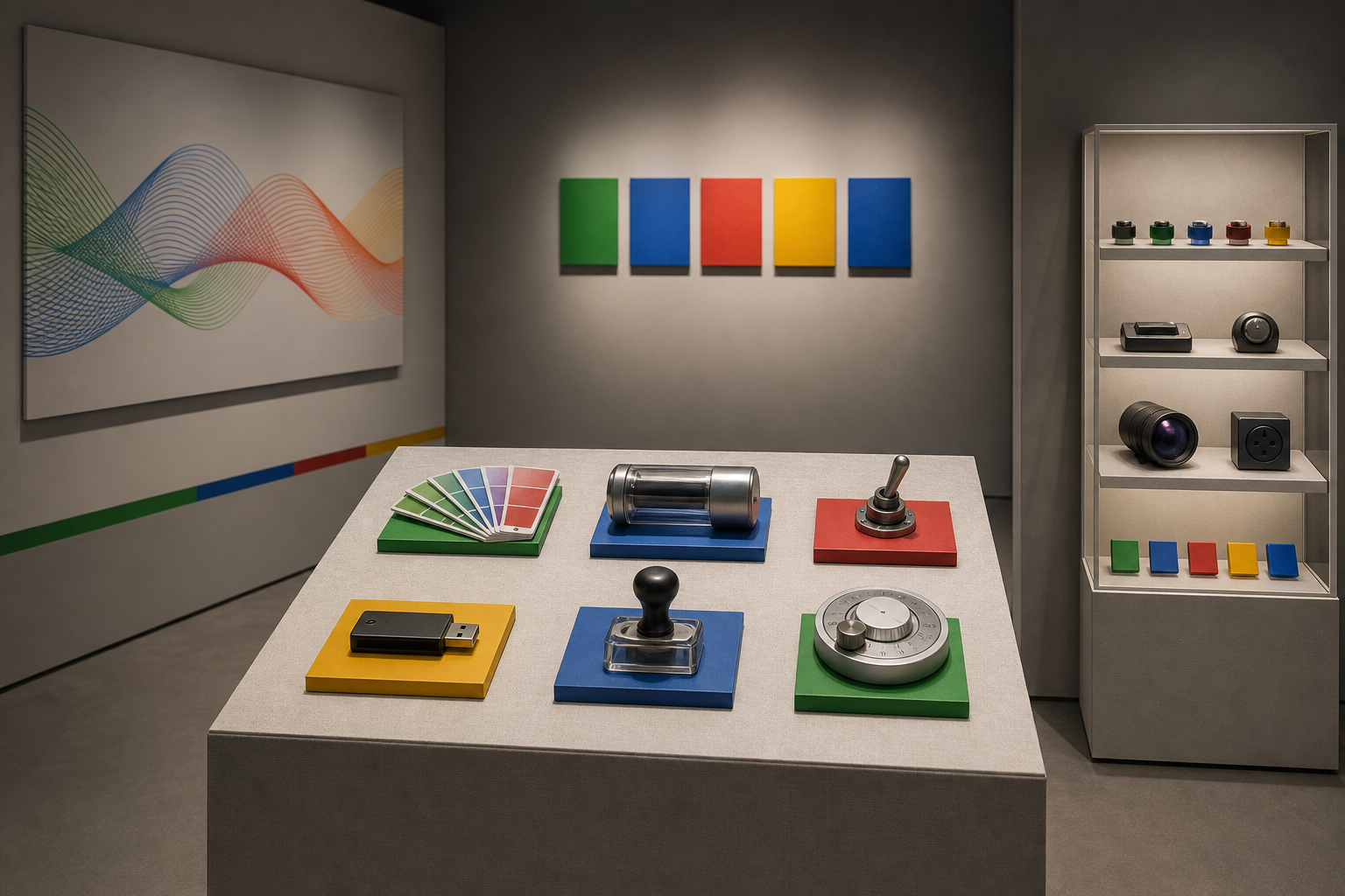 A museum display with must-have launch components locked in the main case and later-stage options stored separately in a side cabinet.