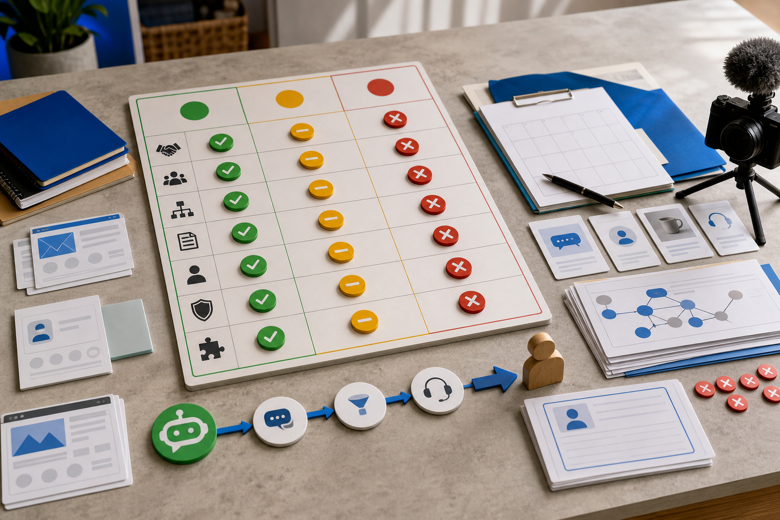 AI chatbot seller fit desk scene with trust, workflow, onboarding, and risk signals arranged for a go or no-go decision.