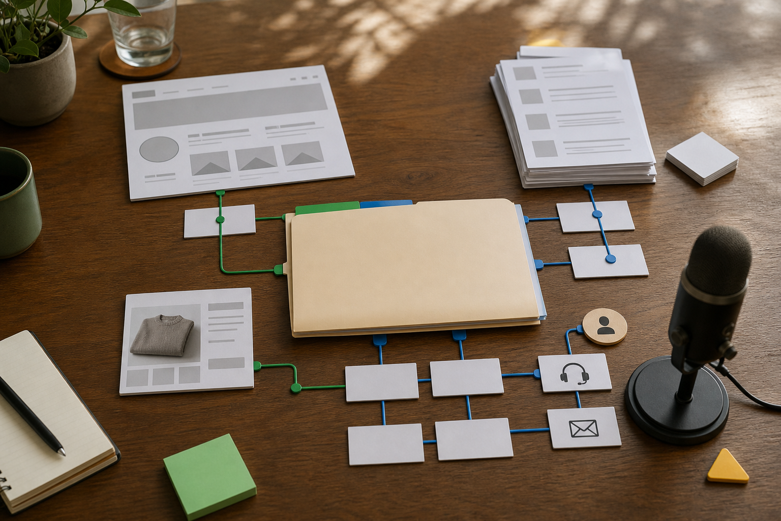 Client workflow materials showing trusted website, content, support, and ecommerce conversations ready for chatbot planning.