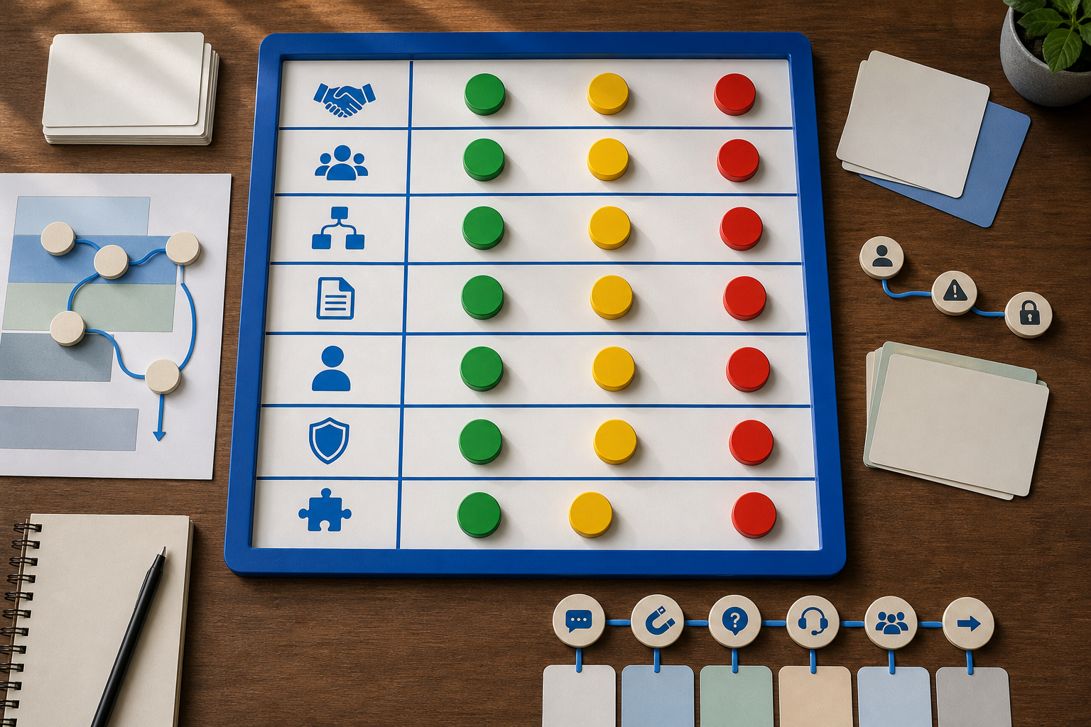 Go, caution, and no-go chatbot seller checklist represented with colored tokens across seven fit areas.