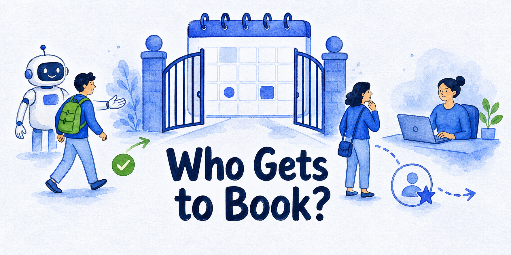 Hand-drawn editorial illustration for Who Should Your Chatbot Let Book an Appointment?
